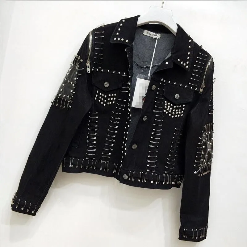 

Women's Denim Jacket 2019 New Black Denim Jacket Women Denim Coat Rivet Punk Style Jacket Coat Female Denim Jacket Girl