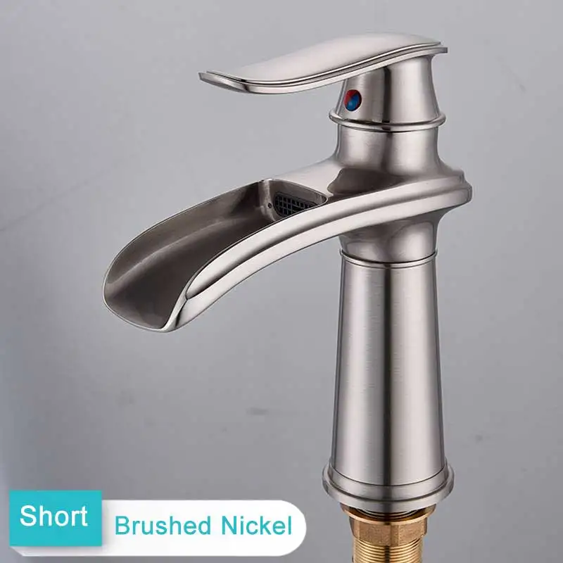 Матовый никель смеситель для раковины на бортике Водопад Ванная комната сосуд Раковина кран с одной ручкой кран для холодной и горячей воды - Цвет: Short Brushed Nickel