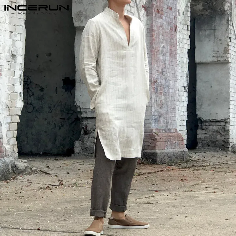 

INCERUN Vintage Men Striped Shirt V Neck Loose Long Sleeve Indian Kurta Suit Casual Long Tunic Shirts Men Muslim Kaftan 5XL 2019