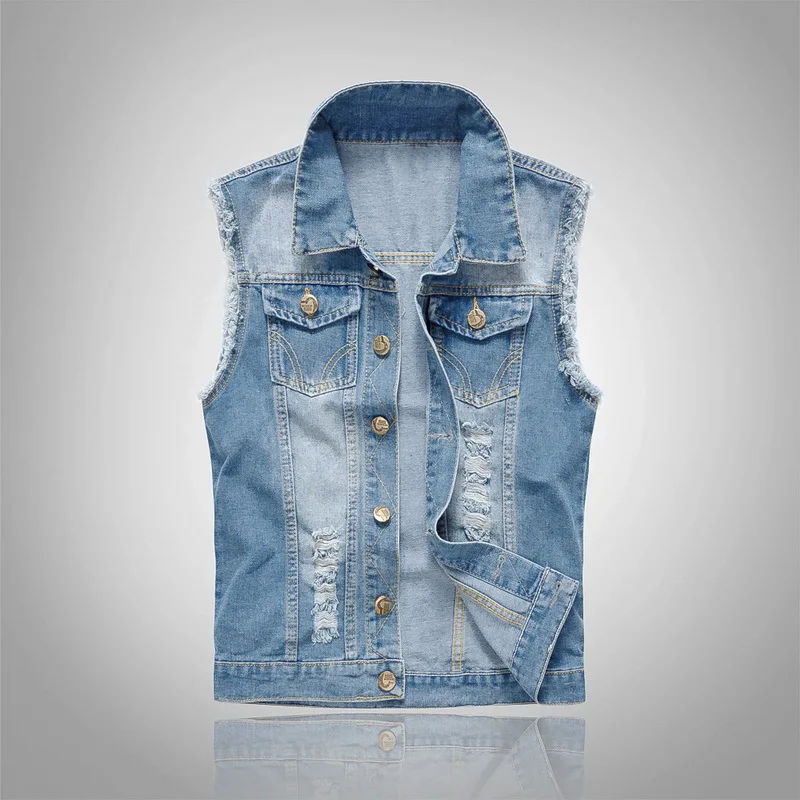 

MJARTORIA 2019 Street Style Cowboy Male Jacket Vest Ripped Street Style Vest Men Jacket Sleeveless Casual Waistcoat Jean Coat