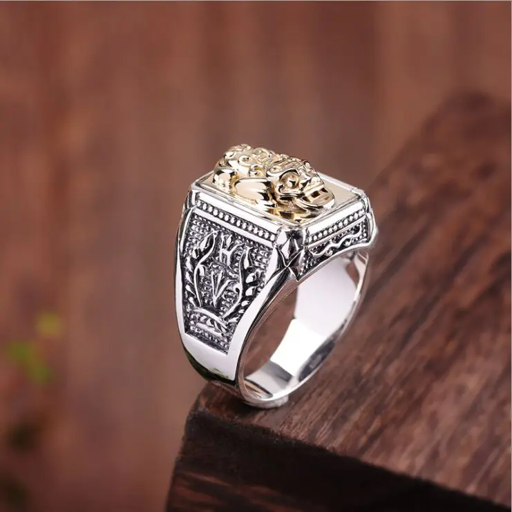 S925 стерлингового серебра ювелирные изделия личности мужские счастливое Кольцо Китайский Швейцарский зверь на удачу кольцо