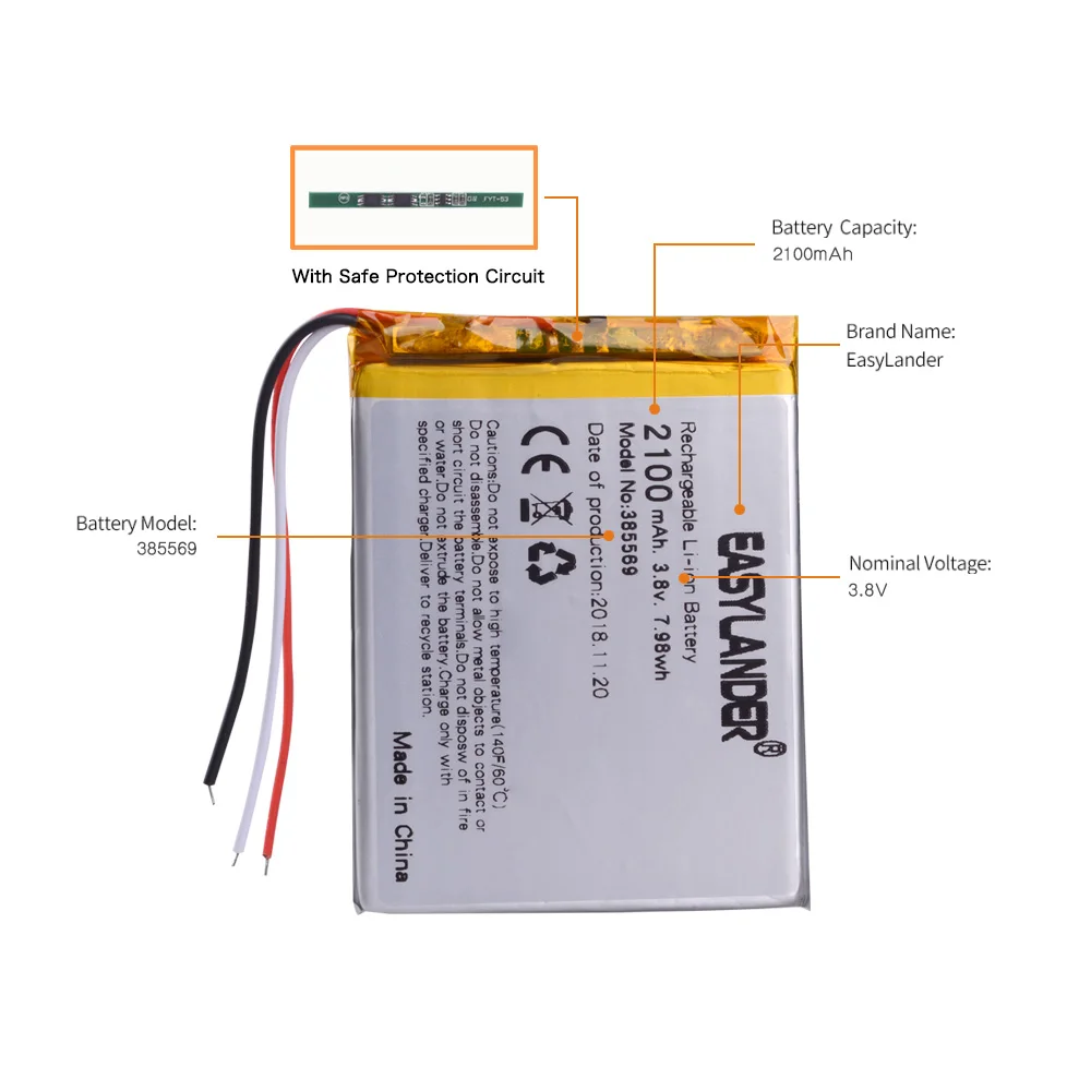 10 шт./лот 385569 405569 3,8 в 2100 мАч перезаряжаемый литий-полимерный аккумулятор для мобильных телефонов, электронных книг, планшетных ПК, DVD DVR gps PSP, PDA PAD MP5