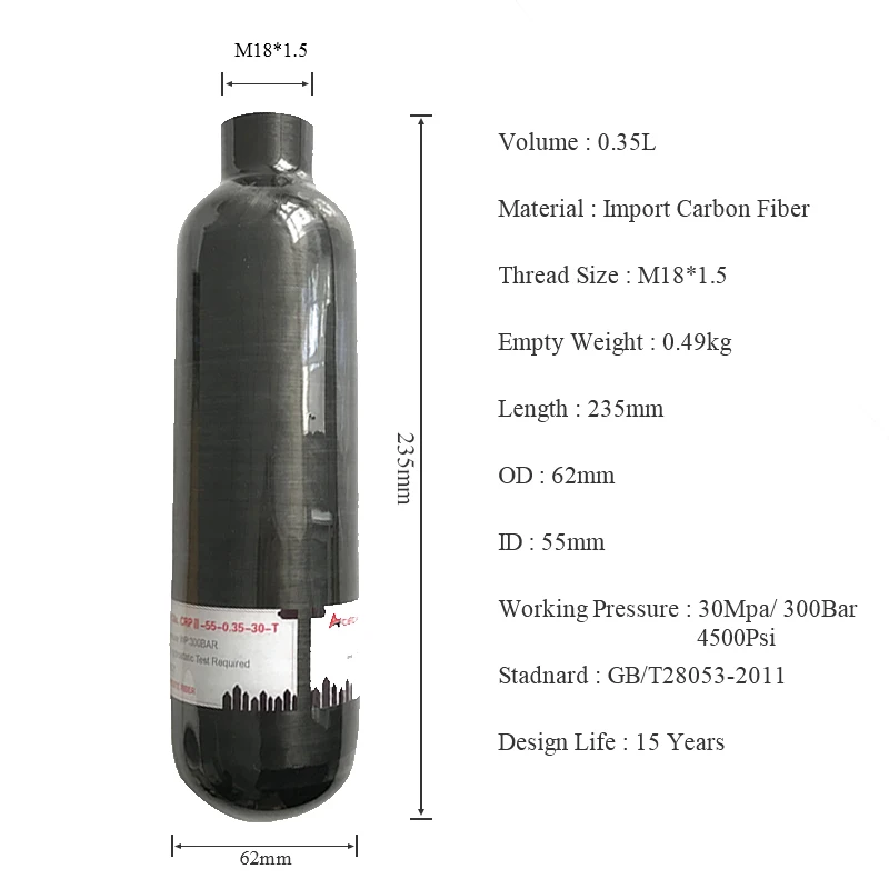 AC3035 Пейнтбол Бак 0.35L 300bar 4500psi газовый баллон бутылка углеродное волокно Pcp Airrifle Танк ГБ производство Стандартный Acecare
