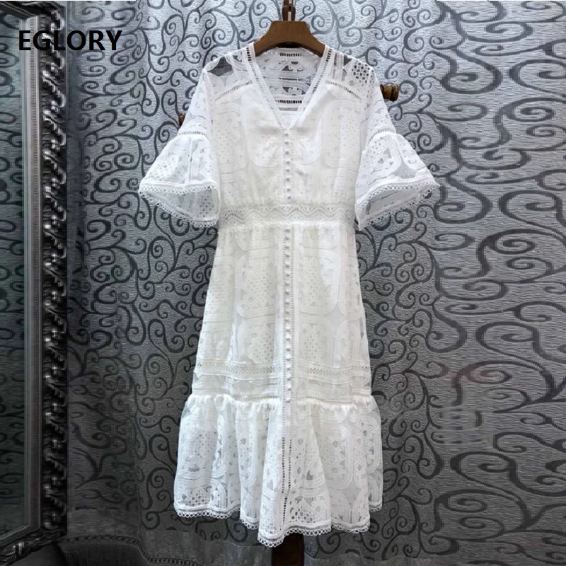

Hollow Out Embroidery Dress 2019 Summer Fashion Party White Dresses Women V-Neck Flare Sleeve Tunic Buttons Vintage Retro Dress