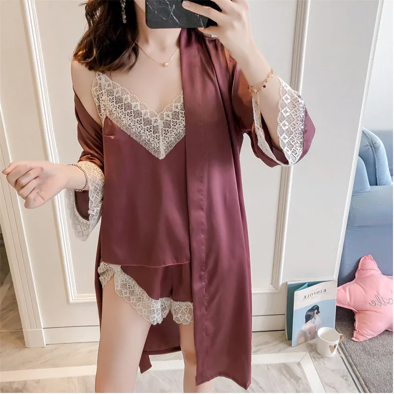 Blusas mujer de moda 2019 женская одежда для сна комплект из 3 предметов кружевная мягкая топ