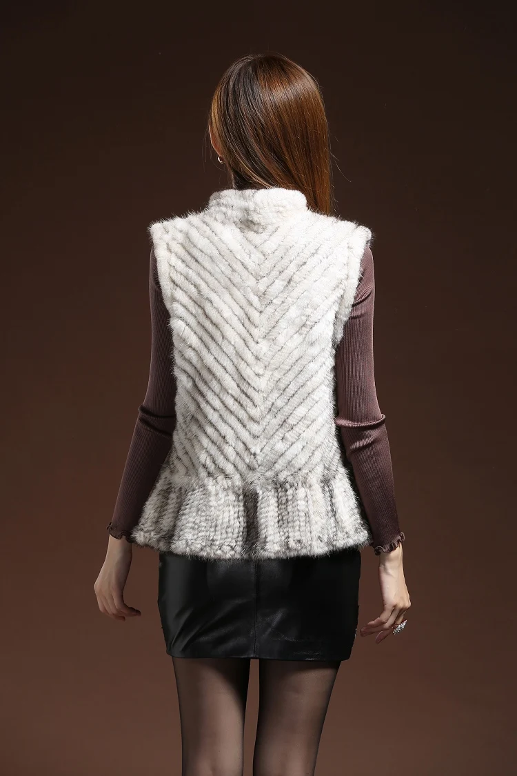 ZY88001 Winter Women's Genuine Knitted Mink Fur With Falbala V Line Mandarin Collar Vest Waistcoat Outerwear Coats ladies parka coats