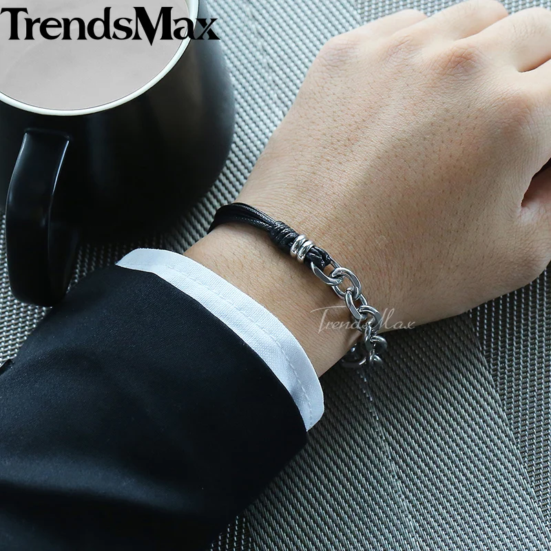 Trendsmax, кожаный браслет для мужчин и женщин, нержавеющая сталь, браслет на цепочке,, мужские Модные ювелирные изделия, подарки, 20 см KDLB35