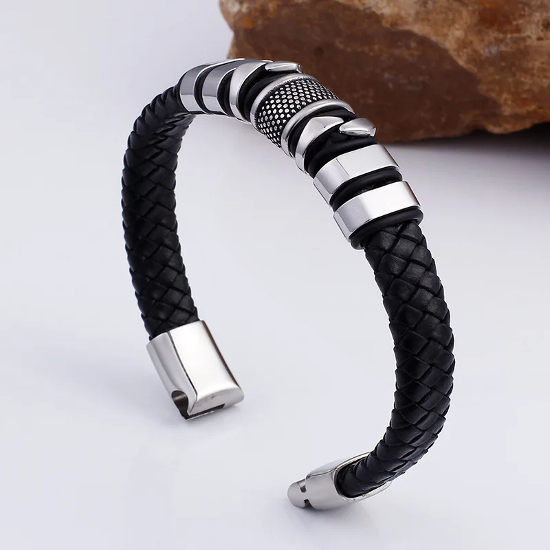 Модный кожаный браслет BoBo с черной оплеткой, браслет из нержавеющей стали с магнитной застежкой, мужской браслет с шармом, мужские ювелирные изделия в стиле панк