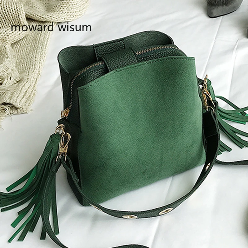 

2019 Fashion Scrub Women Bucket Bag Vintage Tassel Messenger Bag High Quality Retro Shoulder Bag Simple Crossbody Bag Tote