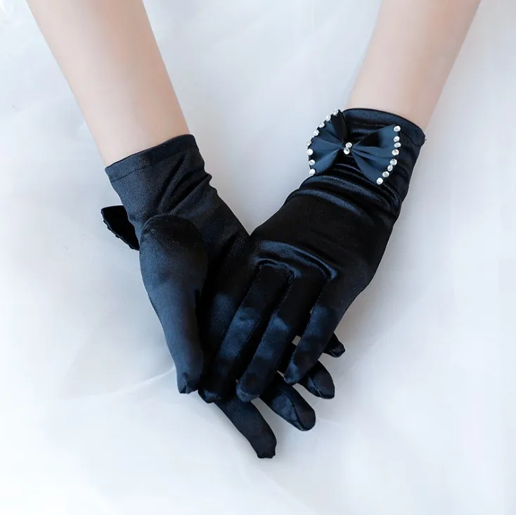 Новое поступление модные украшено бантом атласные черные короткие палец Свадебные перчатки 240