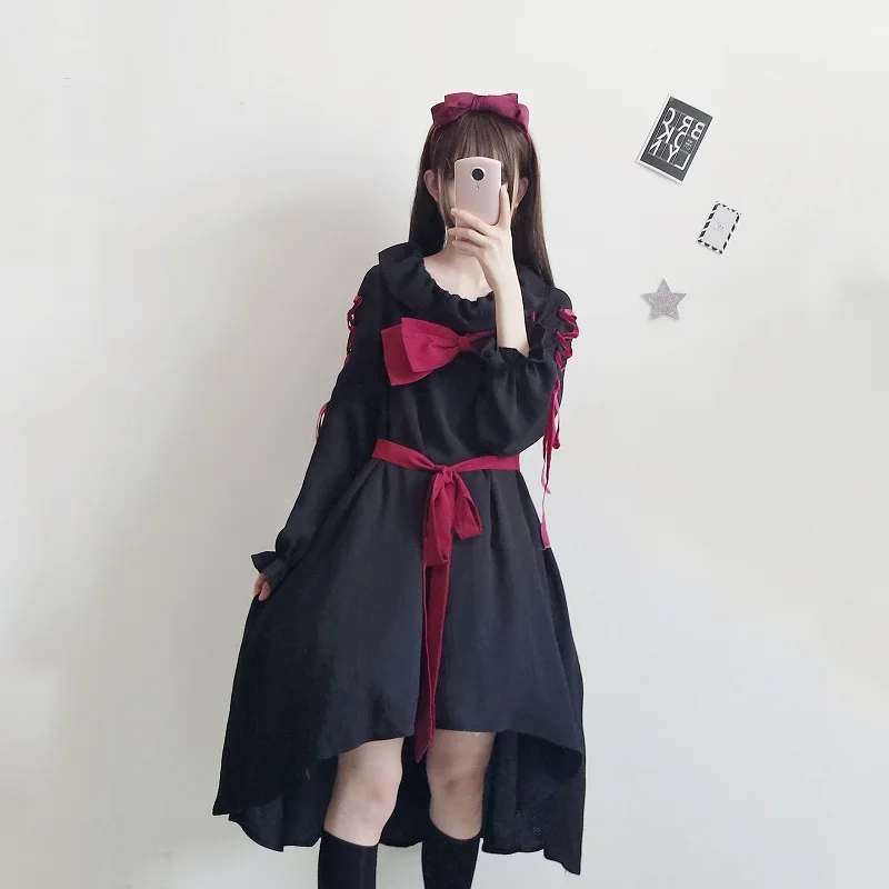 

2019 Spring Lolita Darkness Dress Women Lace Up Butterfly Sleeve Red Big Bow Belted Slim Irregular Dresses Party Vestidos Female