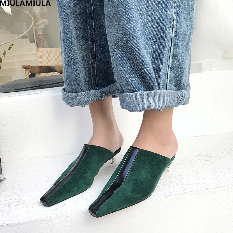 

MIULAMIULA Brand Designers 2018 Elegant Black Green Apricot Striped Flocked Mules Pumps Strange Heel Slip On Loafers Woman Shoe