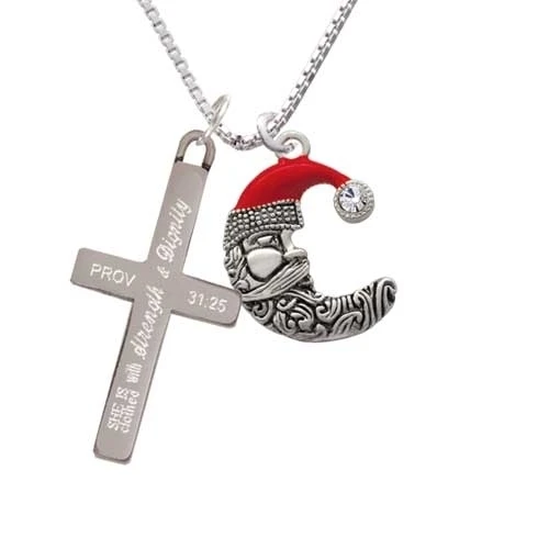 Large Crescent Moon Santa Face - Strength and Dignity - Cross Necklace (1)