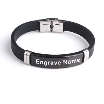 

Custom Engrave name Inscription logo Black Smooth Silicone bangle women 316L Stainless Steel bracelets for men jewelry