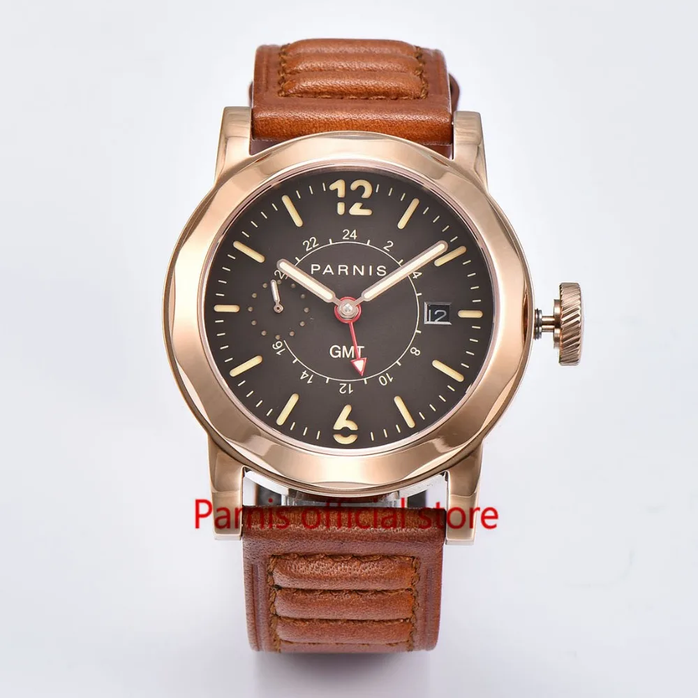 Fashion 43mm Mechanical Watch Men Parnis Automatic Watches Gold Case SeaGull Movement GMT Auto-Date Genuine Lether Wristwatch