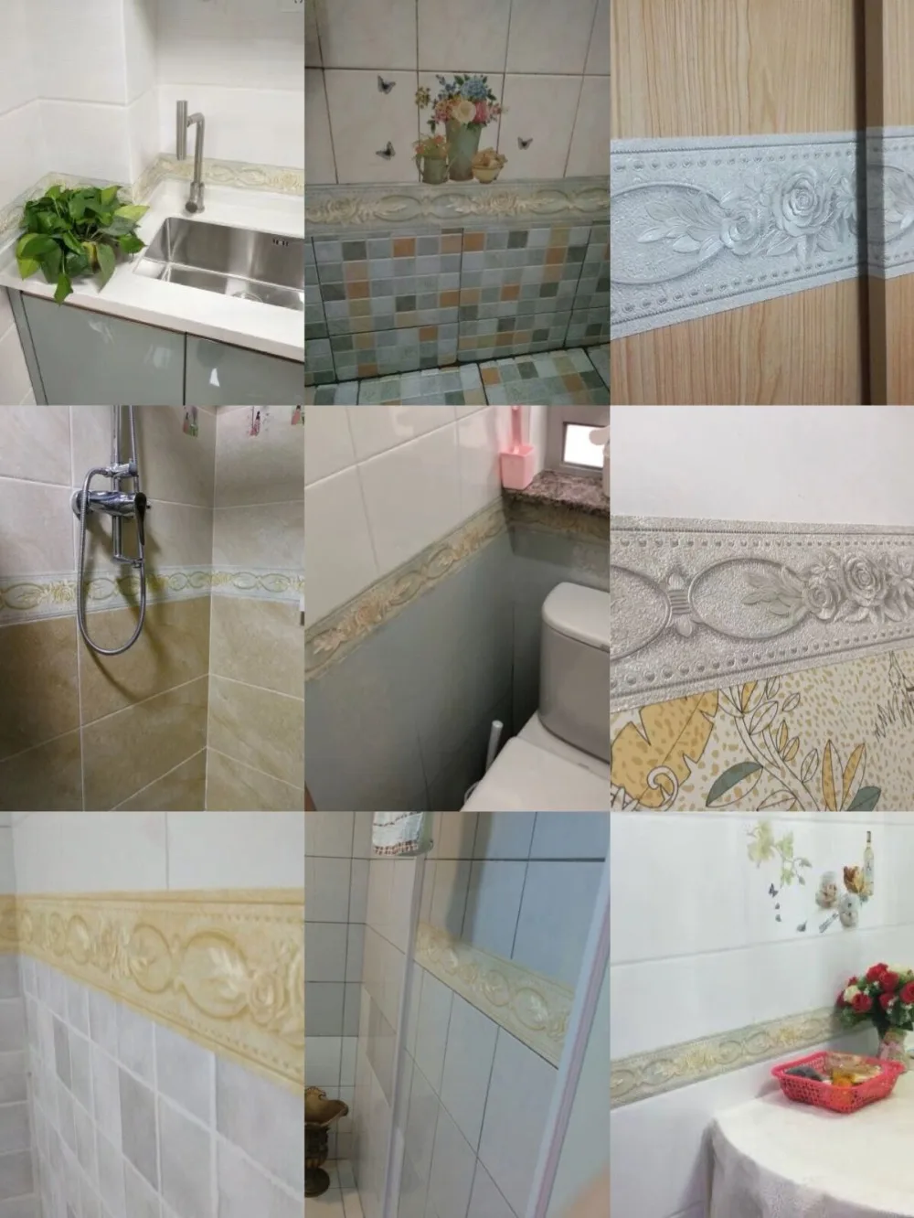 Талия винил линии талии 3D цветочный граница обоев стен рулона стерео водонепроницаемые наклейки на стену Ванная комната Украшения для кухни