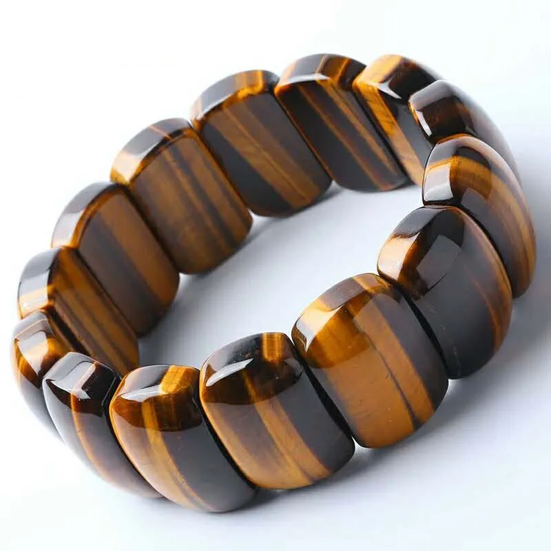 

Genuine Jewelry Bangle Natural Yellow Tiger's Eyes Crystal Gem Stone Rectangle Bead Charm Stretch Bracelet For Men Women 18*7mm