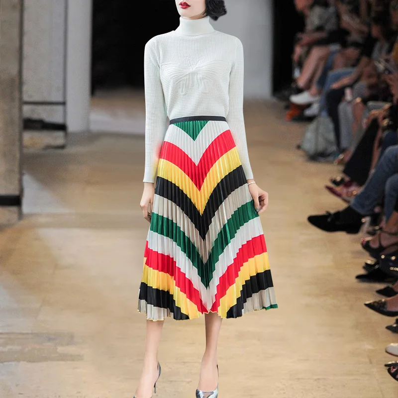 

Women's Skirts Colorful Stripped Pleated Skirt 2019 Spring Summer Big Swing Skirts Elastic High Waist tutu mujer Midi skirt