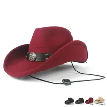 Повседневные женские мужские шерстяные полые западная ковбойская шляпа рулонные Брим джентльмен Outblack Sombrero Hombre джаз шляпа ветер веревка размер 56-58 см