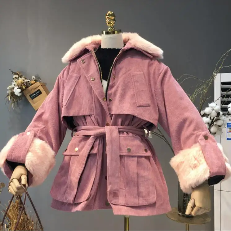 

2019 New Women Winter Coats Large Fur Collar with Fur Sleeve Detachable Inner Cotton Clothes Female Thicken Wadded Jacket Parkas