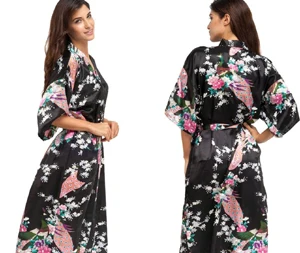 Удлинить ночная рубашка павлиньей расцветки Для женщин халат кимоно Свадебный халат ночная рубашка шелковый атлас Плюс Размеры S-XXXL WR0042015 - Цвет: black