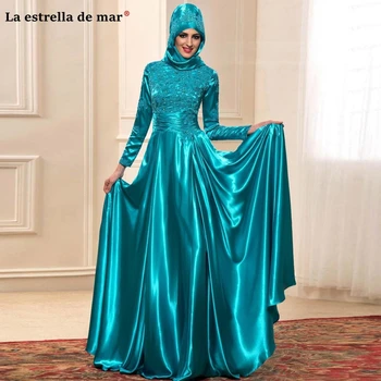 

Vestidos de fiesta elegantes gala largos2019 new applique long sleeve teal green 2 piece headscarf Dubai Muslim evening dress