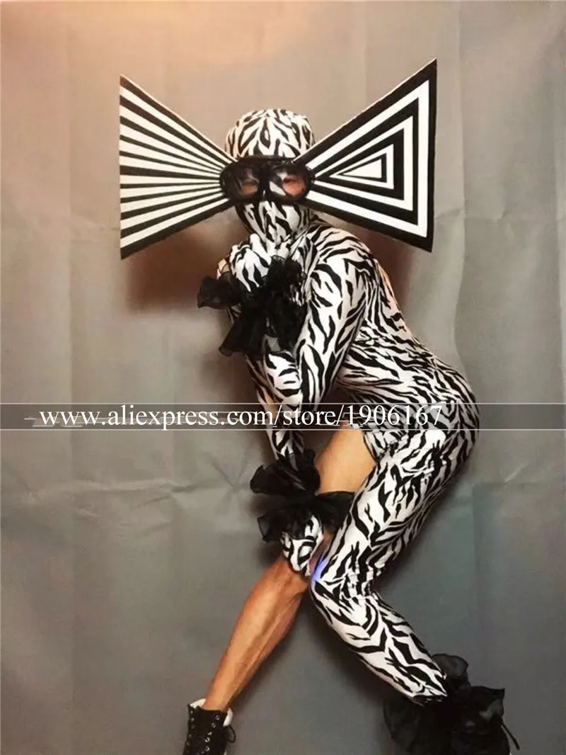 Sexy zebra costumes big hats green red black jumpsuits night club party cosplay costume performance stage tv show dance wear3