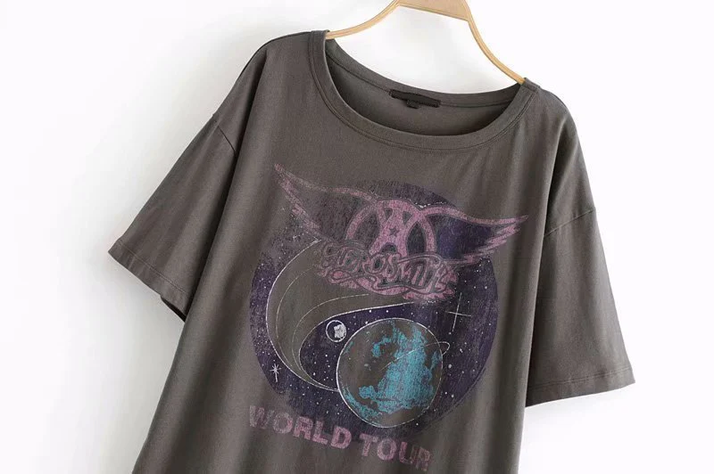 TXJRH Stylish WORLD TOUR Letter Aerosmith Planet Print Short Sleeve O-Neck Pullover T-Shirt Boyfriend Woman Causal Tee Tops