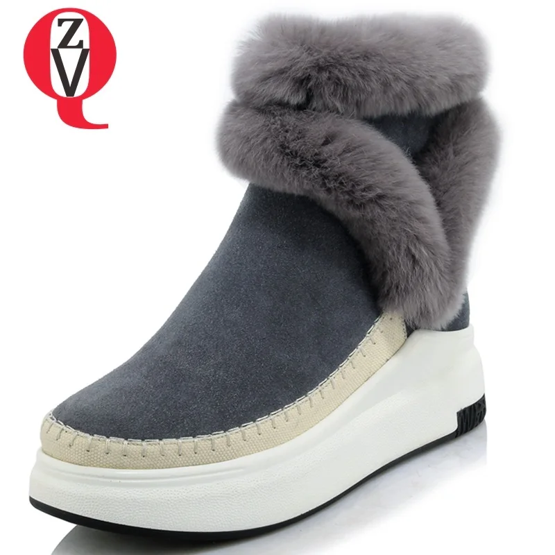 

ZVQ shoes wome 2019 newest concise round toe zipper snow boots winter outdoor high wedges platform black and grey ankle boots