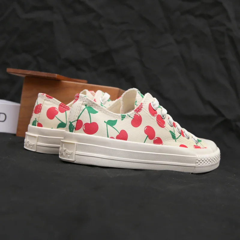 

Canvas shoes female high help Korean casual shoes Harajuku pineapple cherry vulcanized shoes 2019 new white shoes