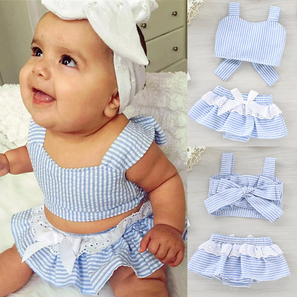 

2019 New Arrival Baby Set Infant Baby Girls Sleeveless Bow Striped Vest Tops+Ruffles Lace Shorts Outfits Baby Cloth Drop Ship