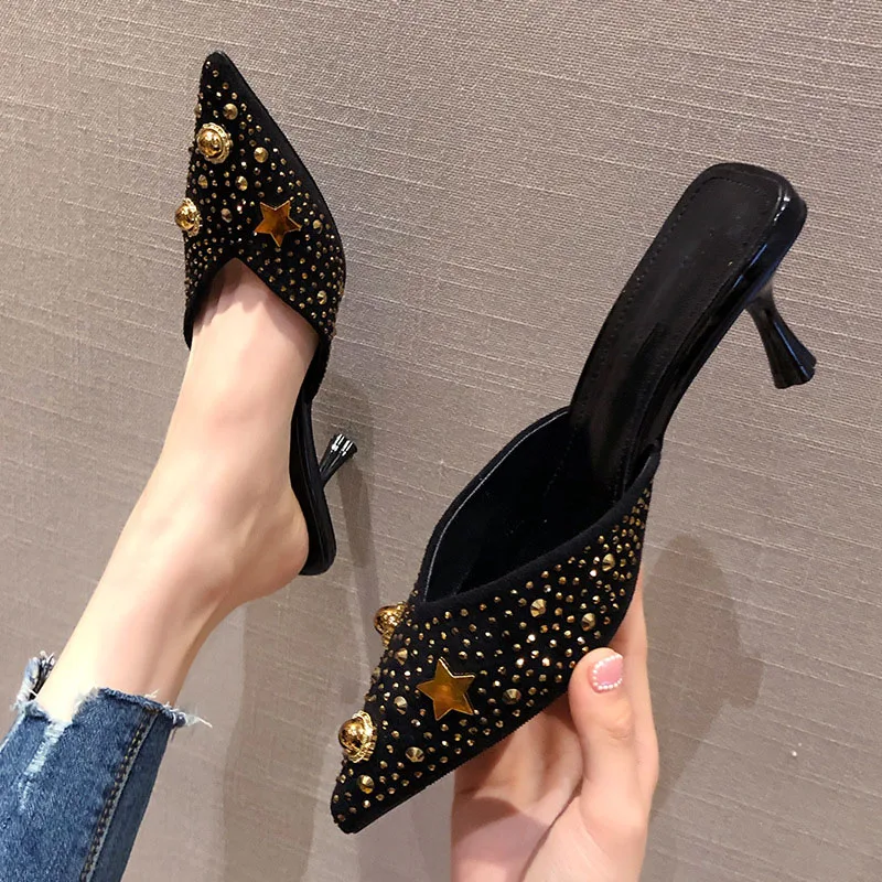Retro pointed slippers women summer rivet water drill high heel slipper Muller shoes women slippers luxury shoes women designers Retro pointed slippers women summer rivet water drill high heel slipper Muller shoes women slippers luxury shoes women designers