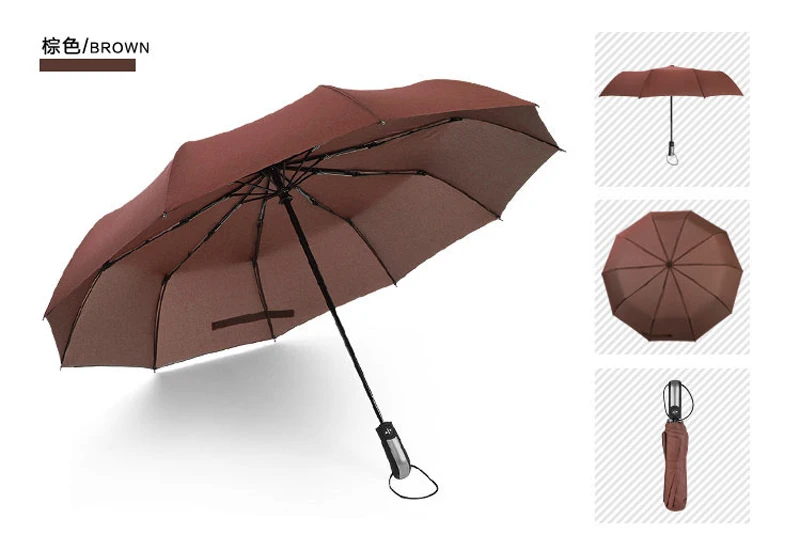 FGHGF сильный Ветрозащитный супер широкий 46 дюймов Большой Автоматический с 10 спицами со складным зонтом, открытый зонтик - Цвет: Brown