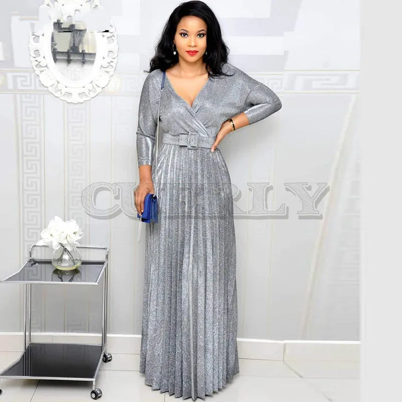 Image CUERLY Bronzing Elegant Pleated Dress Women Shiny DeepV Neck Long Sleeve Floor Length Dress Vintage High Waist Sash Maxi Dress
