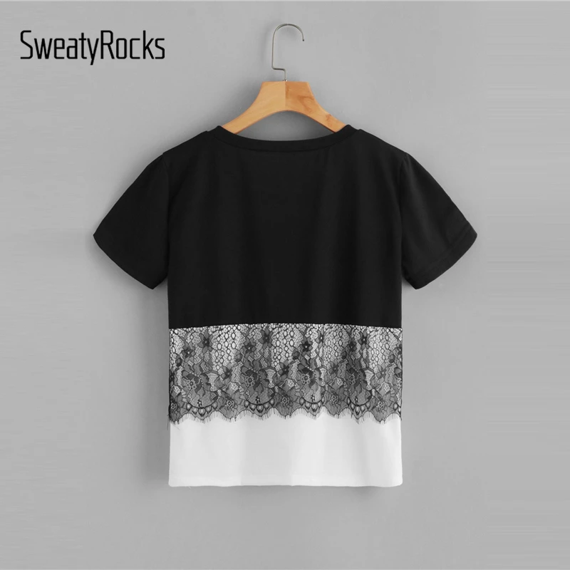 SweatyRocks Colorblock التباين الدانتيل اثنين من لهجة المحملة المرأة الصيف تيز و القمم 2019 جديد الشارع الشهير المحملة قميص عارضة القمصان