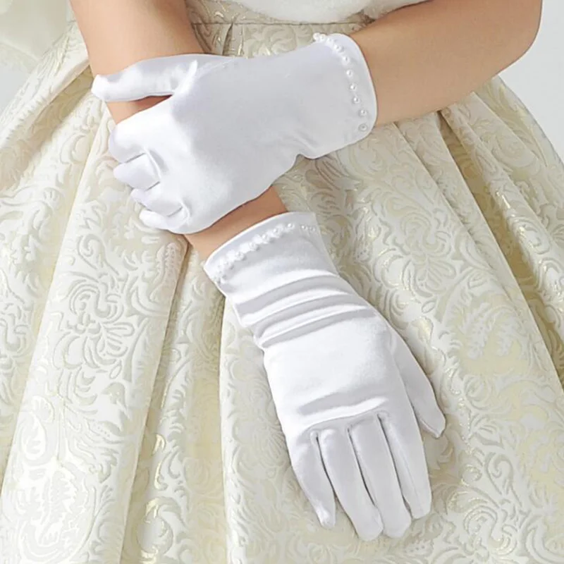 Подарок для детей белого цвета с эластичной резинкой, платье в строгом стиле для девочек этикет перчатки; полусапожки с жемчугом; Шнуровка с бантиком на Хэллоуин и Рождество Дети Принцесса перчатки для танцев G64