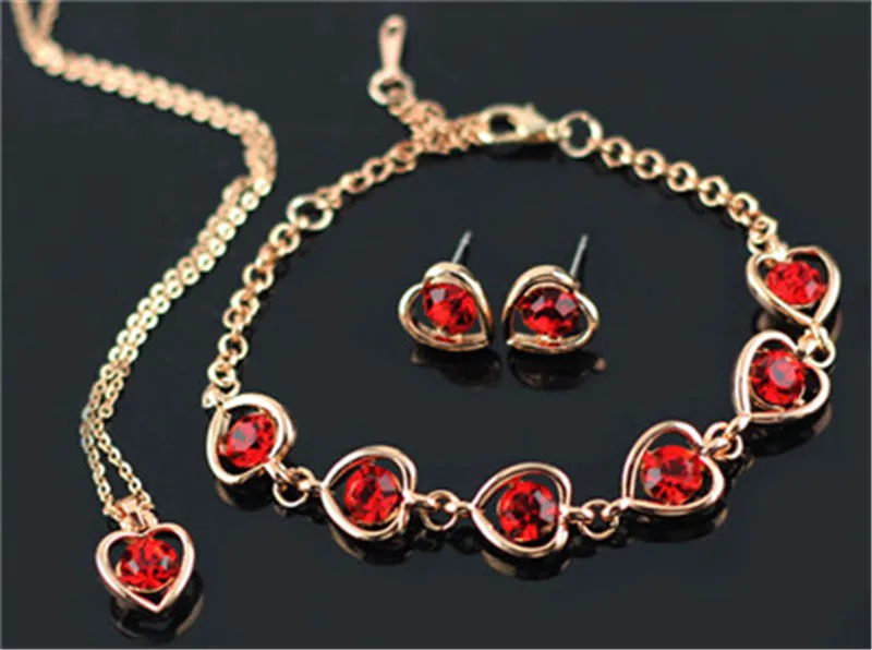 Модное золотое ожерелье с кристаллом зеленого цвета, серьги с подвеской, браслет в форме сердца, набор украшений для женщин ювелирные изделия для рождественской вечеринки - Окраска металла: red