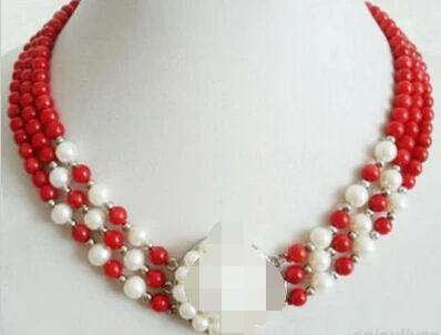 

Hot sell -@> A906 3 Rows 8mm Red Coral Beads White Pearl Pendant Clasp Necklace -Top quality free shipping