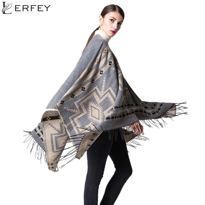 Comprar Suéter tejido de gran tamaño para mujer, cárdigan, capa de manto geométrico, Poncho, informal, cálido, Otoño, borla, chal