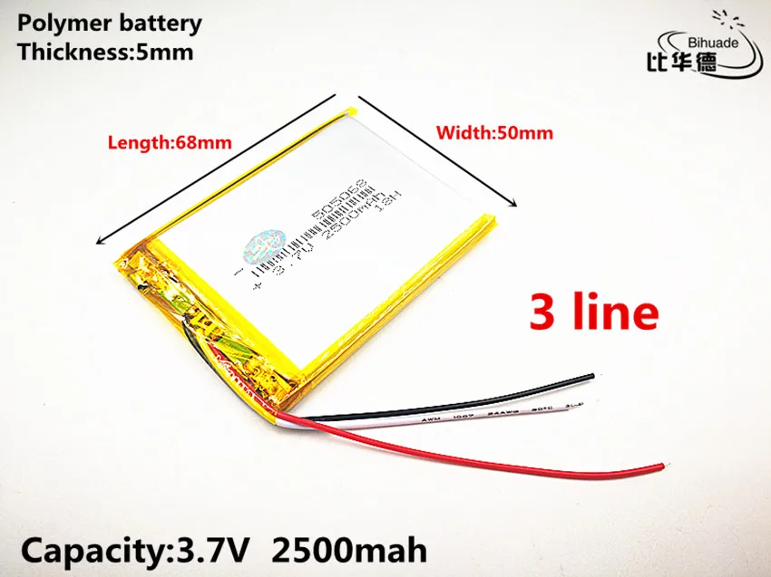 

3 line Good Qulity 3.7V,2500mAH,505068 Polymer lithium ion / Li-ion battery for TOY,POWER BANK,GPS,mp3,mp4