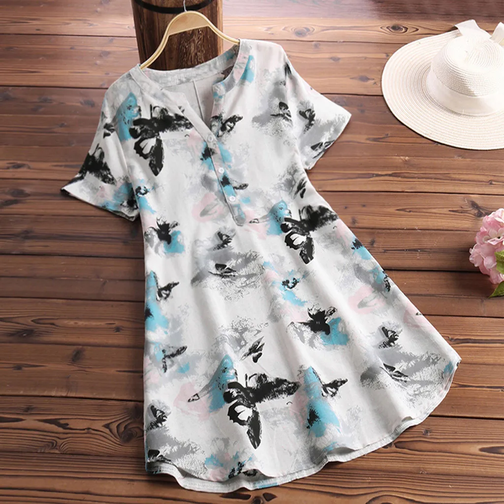 

JAYCOSIN Blouses Women Casual Plus Size Tops V Neck Linen Shirts Ladies casual Daily outdoor Vintage Button Loose Blouse 509
