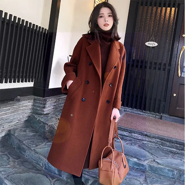 2018 Winter Coat Women's Long Thick Wool Trench Coats With Belt Loose Brand Style Black Ivory