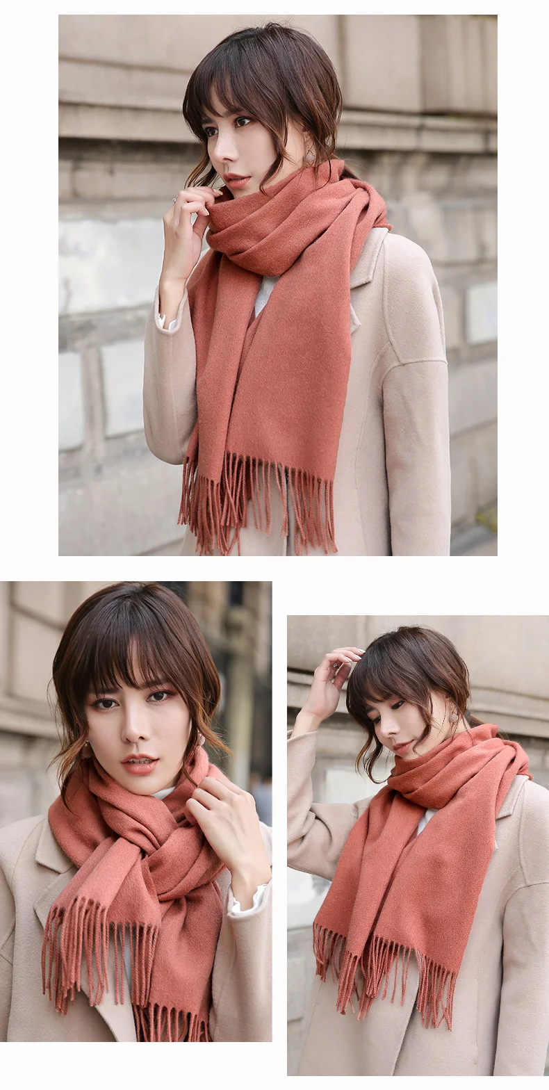 Бежевый шерстяной шарф для женщин зима осень корейская мода длинные овечья шерсть шарфы для дам кисточки теплые шарфы из чистой шерсти