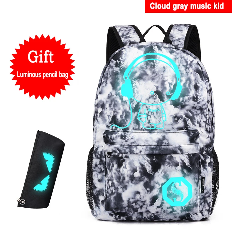 Новая Мода Светящиеся школьные сумки аниме мультфильм звездное небо Печать школьный рюкзак мужской USB Противоугонная дорожная сумка - Цвет: Cld Gray Music kid 1