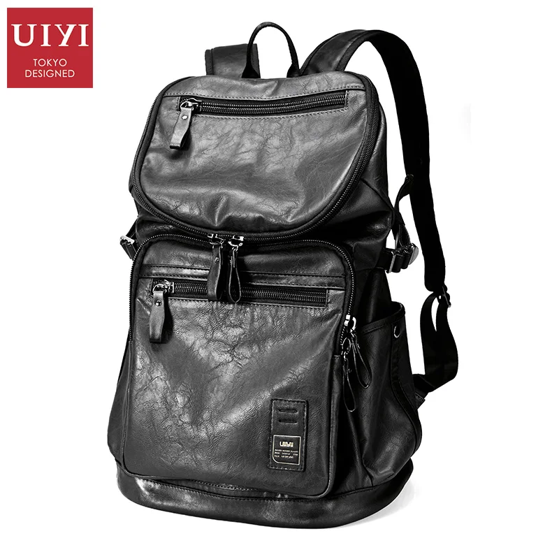 

UIYI Brand 2018 Men's Backpack PU Black Belt Bag Men 14' Laptop Casual Shoulder Most popular teenager Male Soft leather Bag