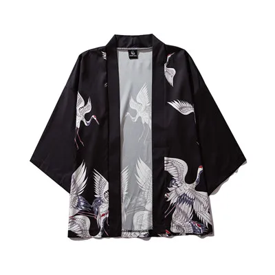 Летний мужской японский стиль белый кран печатных кимоно кардиган куртки Уличная Harajuku Мужская ветрозащитная ткань тонкая верхняя одежда - Цвет: 7069black