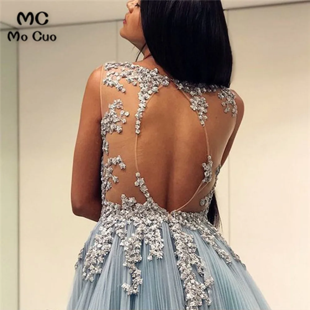 2019 Illusion Evening Dresses Long with White Appliques Chiffon A-Line Chiffon Sleeveless Evening Party Dress for Women