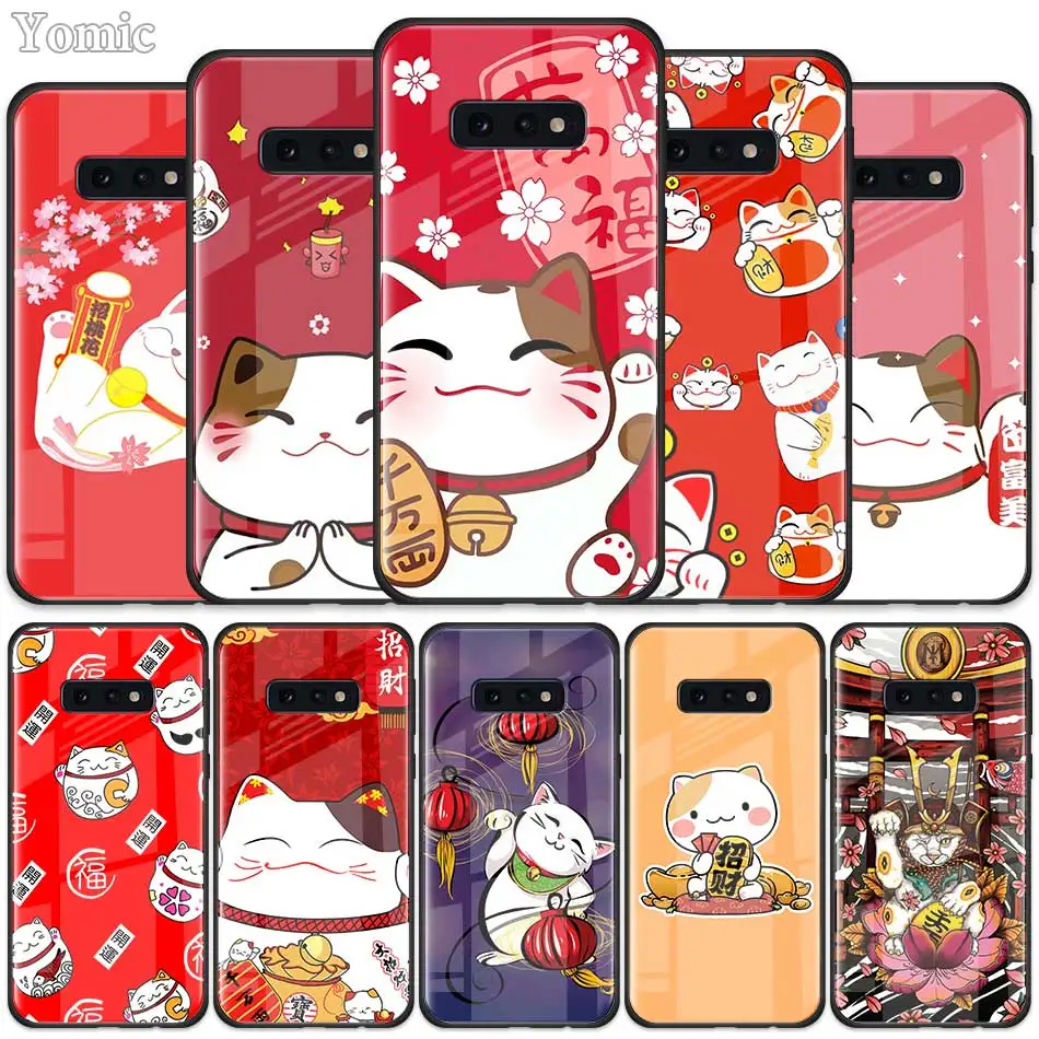 

Maneki Neko Lucky Money cat Tempered Glass Case for Samsung Galaxy S10 S10e S9 S8 S10 Plus Note 9 A50 A30 Phone Cover Shell