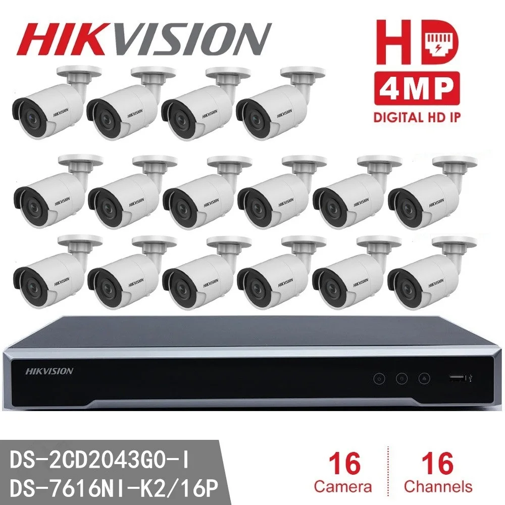 Hikvision NVR DS 7616NI K2/16P 16CH 16 ports POE + 16pcs Hikvision DS 2CD2043G0 I 4MP IR Bullet