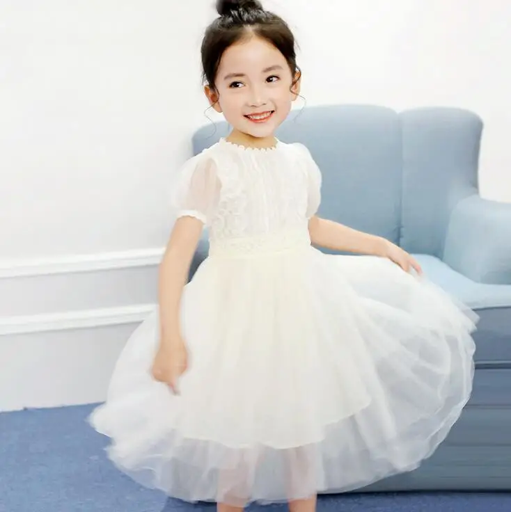 

Puff Sleeveless Girls Dress Sweet Pleated Flower Girl Dresses Summer Short-sleeved Princess Dress Solid Color Vestido Infantil
